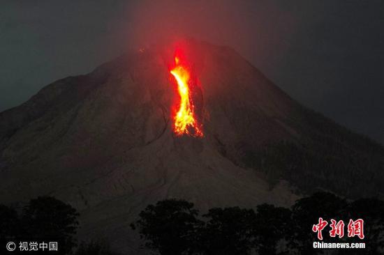 资料图片：印尼一火山喷发，火光冲天，点亮星空。图片来源：视觉中国